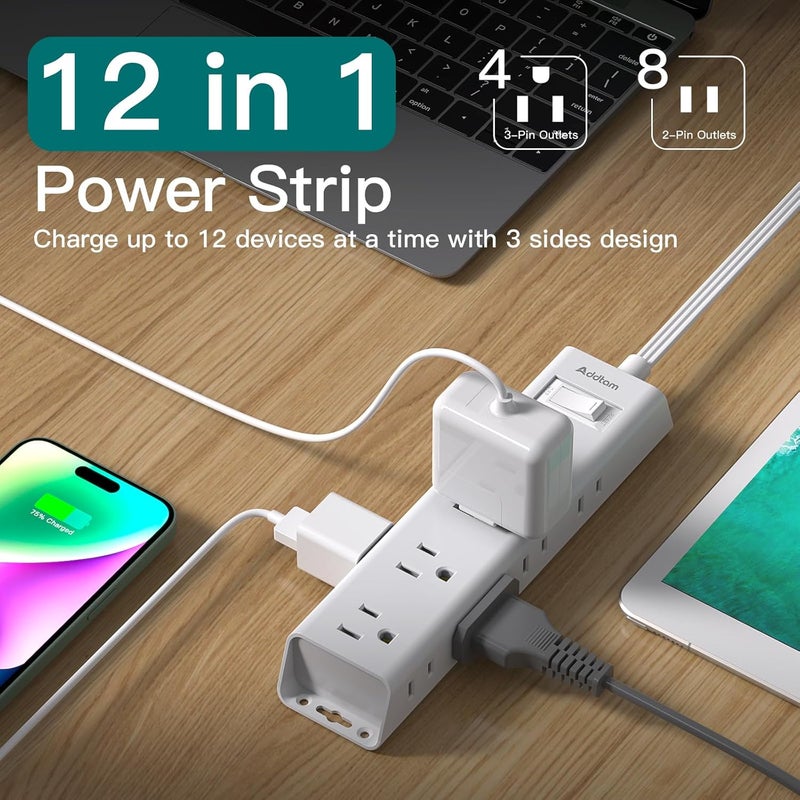 Addtam 2 Pack Surge Protector Power Strip - Flat Plug Extension Cord, 12 Outlet Extender 3 Sides with Overload Protection, 5ft, 1050J, Wall Mount Multi Plug Adapter for Home Office College Dorm Essentials - Image 2